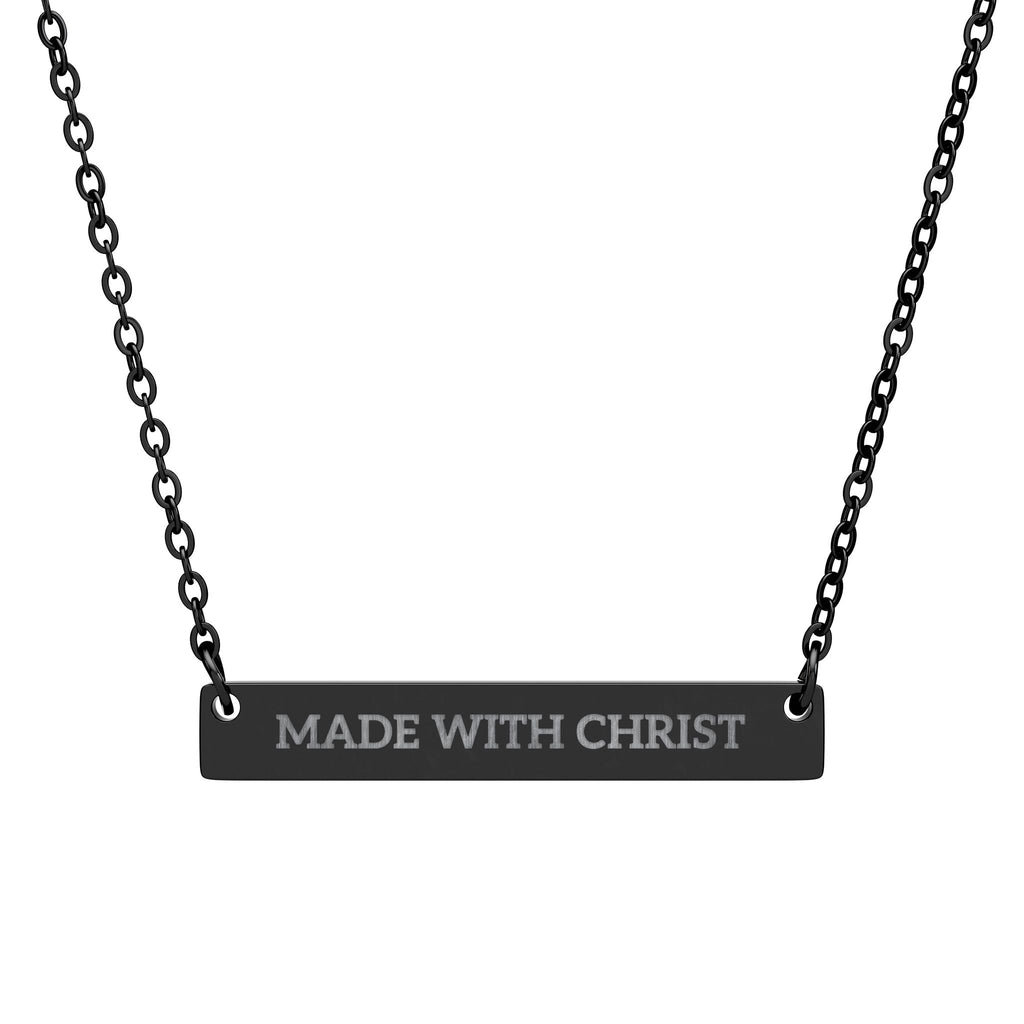 Made With Christ engraved bar necklace, a religious accessory with a sleek metal design featuring engraved Christian message.
