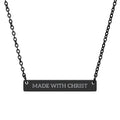 Made With Christ engraved bar necklace, a religious accessory with a sleek metal design featuring engraved Christian message.