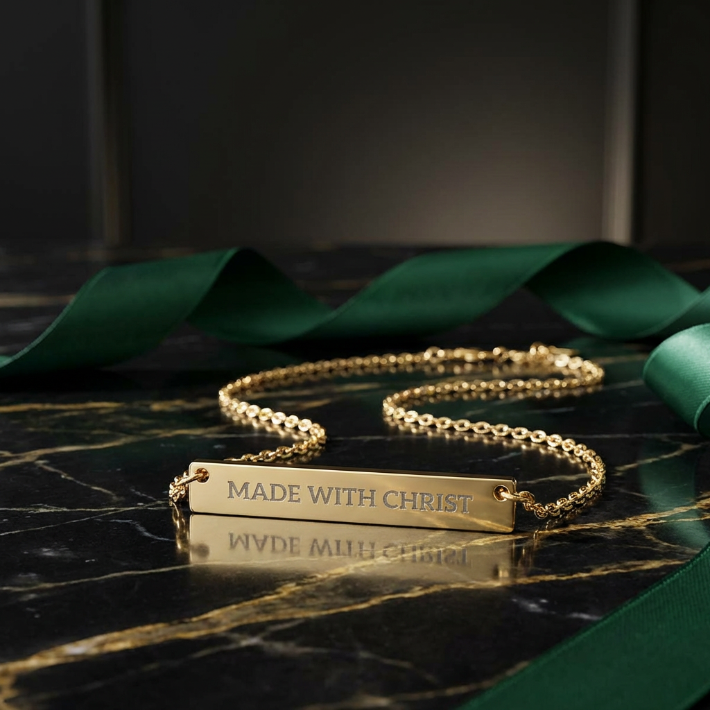 Engraved bar necklace with "Made With Christ" inscription, silver accessories jewelry with detailed engraving.